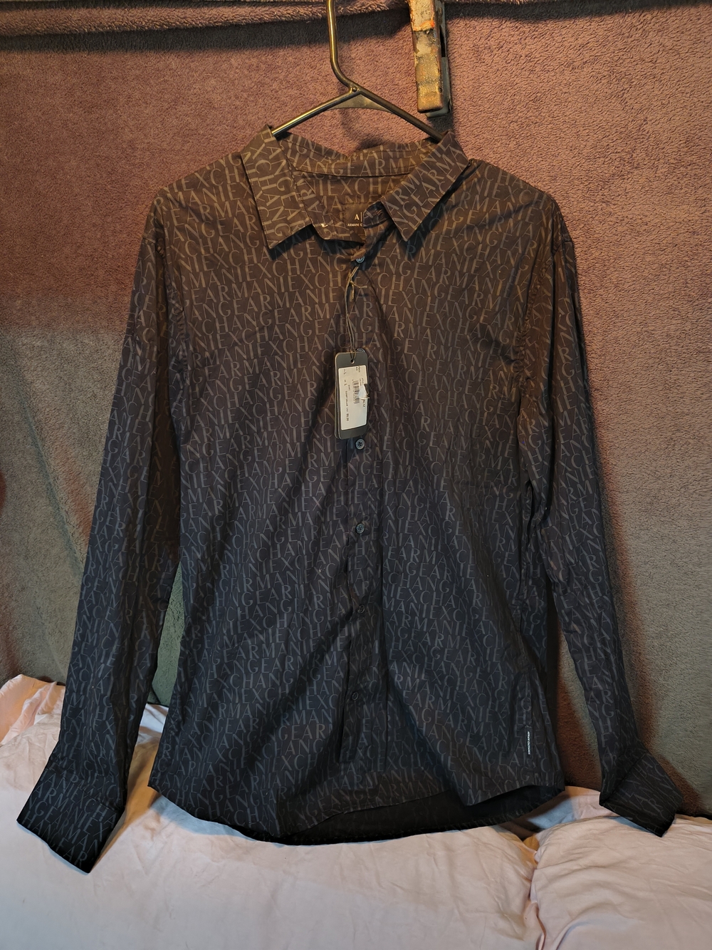 Armani Exchange Men's Dark Gray Logo Print Dress Shirt